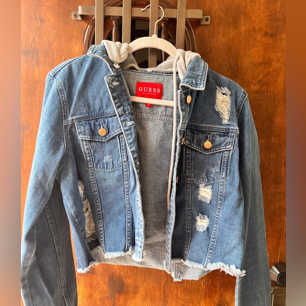 Guess denim jean jacket with hoodie Medium